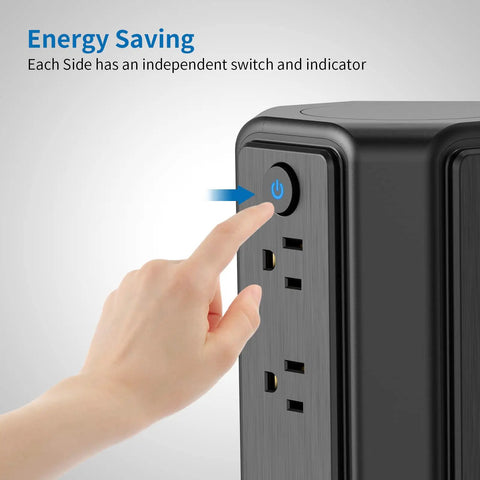Hand pressing power button on Ultimate Surge Protector Power Strip Tower With 16 Widely Spaced Outlets And 4 USB Ports, black