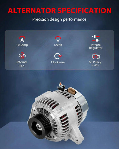 Beefed Up 100 Amp Alternator For Toyota Avalon And Sienna 1998 To 2004 Replacement, 12V CW Rotation, S6 Pulley, IR Regulator
