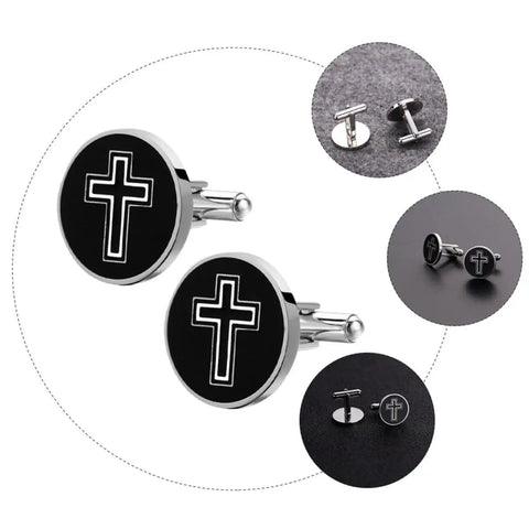 Cross Cufflinks For Men In Polished Titanium Steel With Black Finish Dope And Elegant Decorative Fasteners For Shirts