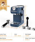 Premium 20 Bar Espresso Machine With A Beefy 10mm Steam Wand And Integrated Milk Frother For Straight Up Barista Vibes At Home And Next Gen Latte Art in blue, featuring a portafilter and accessories.