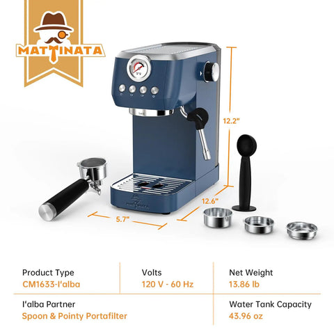 Premium 20 Bar Espresso Machine With A Beefy 10mm Steam Wand And Integrated Milk Frother For Straight Up Barista Vibes At Home And Next Gen Latte Art in blue, featuring a portafilter and accessories.