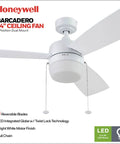 Barcadero Modern 44 Inch Ceiling Fan With Light LED Indoor Fan Three Blades White Finish Pull Chain Control