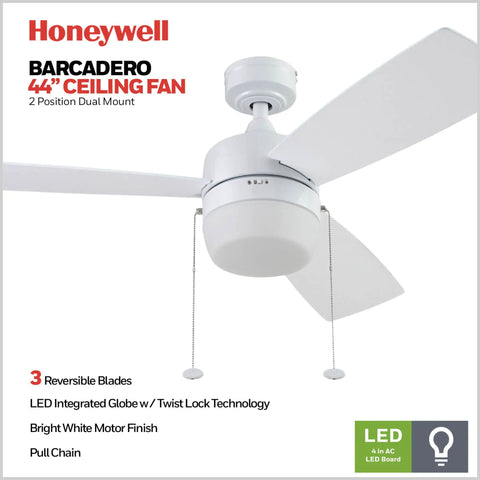 Barcadero Modern 44 Inch Ceiling Fan With Light LED Indoor Fan Three Blades White Finish Pull Chain Control