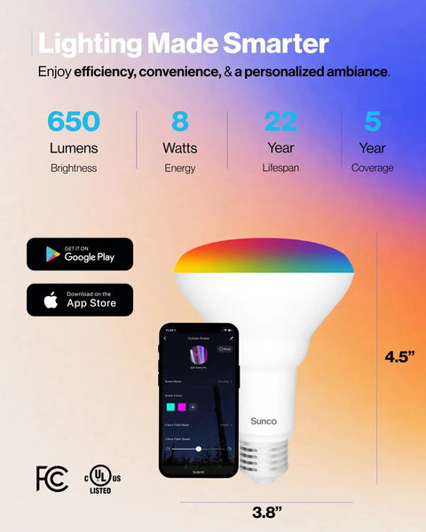 Illustration of BR30 Smart Flood Light Bulbs Color Changing RGB And Tunable White RGBCW, 8W, Dimmable 650 Lumens, and phone app