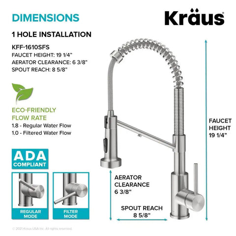 Heavy Duty Stainless Steel Pull Down Kitchen Faucet With Built In Water Filter, 19 1/4 inches tall with 360 swivel sprayer.