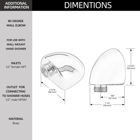 Dimensions of Sturdy Chrome Wall Mount Elbow for Handheld Shower System, 90 Degree Supply Fitting, metal construction, inlets, and outlets.