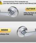 Heavy Duty Storeroom Door Lock Handle With Two And Three Quarter Backset UL 3 Hour Fire Rated ADA Compliant Satin Chrome Finish Non Handed Lever Grade 2 Commercial Lock Outside Fixed Lever Keyed Entry Inside Emergency Exit Lever, showing outside and inside views with keyed entry and emergency exit functions, commercial use.