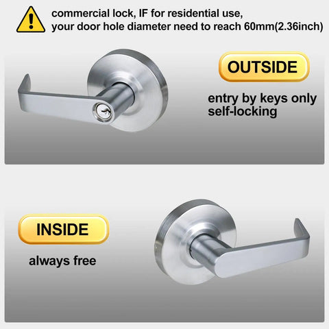 Heavy Duty Storeroom Door Lock Handle With Two And Three Quarter Backset UL 3 Hour Fire Rated ADA Compliant Satin Chrome Finish Non Handed Lever Grade 2 Commercial Lock Outside Fixed Lever Keyed Entry Inside Emergency Exit Lever, showing outside and inside views with keyed entry and emergency exit functions, commercial use.