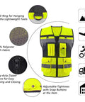 Men High Visibility Safety Vest With Seven Rugged Pockets And Secure Zip Closure Built Tough For The Daily Hustle Breathable Mesh Construction Workwear Compliant With Ansi Class 2 Safety Standards, featuring a D-ring, heavy-duty zipper, and adjustable hem.