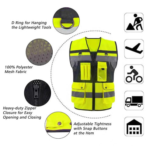 Men High Visibility Safety Vest With Seven Rugged Pockets And Secure Zip Closure Built Tough For The Daily Hustle Breathable Mesh Construction Workwear Compliant With Ansi Class 2 Safety Standards, featuring a D-ring, heavy-duty zipper, and adjustable hem.