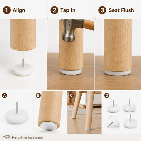 Installation steps of Nail-In Glides For Chairs And Tables 20 Pack With PP Plastic And Metal Pin Choose 15mm 20mm Or 46x14mm