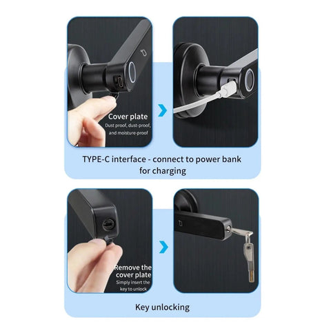 Smooth Operator Fingerprint Door Lock Handle Deadbolt With App Control digital interface; cover plate, Type-C charging, unlocking method.
