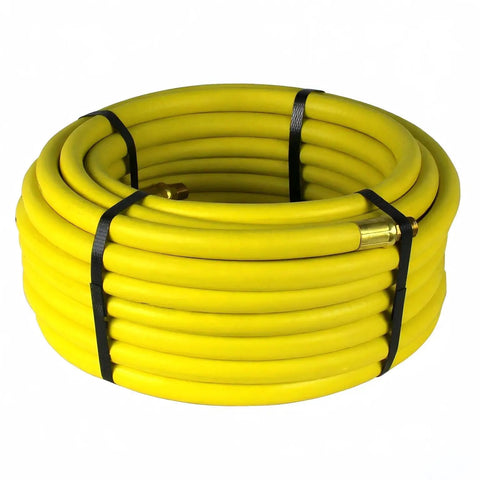 Built Tough As Nails 50 Foot Pneumatic Air Hose With 3 8 Inch Diameter And 250 Psi Rating Featuring Solid Brass Npt Fittings, coiled for storage.