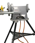 Reconditioned Model 300 Pipe Threader With Foot Pedal Control And Universal Quick Swap Die Heads side view on sturdy stand.