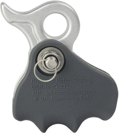Close-up of grab adjuster from Steel Core Flip Line Kit For Arborists Five Eighth Inch By Ten Feet Neon Orange High Visibility Line