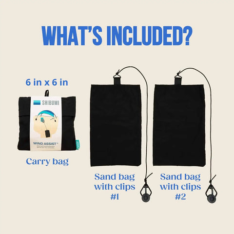 Wind Assist Kit For Shade 2.0 And Earlier By Shibumi Stabilizes Beach Canopy With Easy Clip In Anchors, carry bag, and sand bags.