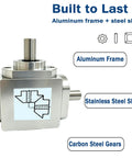 90 Degree Right Angle Bevel Gearbox with 1 to 1 Drive for DIY Projects at Home, Eight Millimeter Output Shafts, One Module Twenty Teeth, Aluminum Frame, Stainless Steel Shafts, Carbon Steel Gears for Strong Right Angle Power Transfer with aluminum frame and stainless steel shafts.
