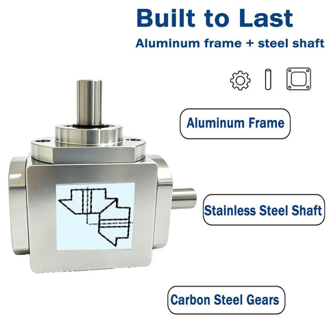 90 Degree Right Angle Bevel Gearbox with 1 to 1 Drive for DIY Projects at Home, Eight Millimeter Output Shafts, One Module Twenty Teeth, Aluminum Frame, Stainless Steel Shafts, Carbon Steel Gears for Strong Right Angle Power Transfer with aluminum frame and stainless steel shafts.