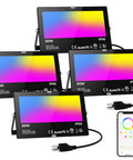 Outdoor Dope RGB Flood Light Kit With Bluetooth App Control, 8000 Lumens, 800W Equivalent, IP66, 4 Pack with Smartphone