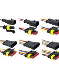 Solid As A Rock Premium Automotive Waterproof Connector Plugs With Pre Cut Wires Two types of male and female sockets displayed.