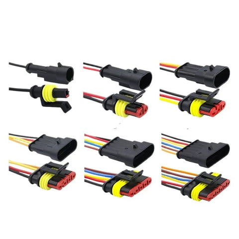 Solid As A Rock Premium Automotive Waterproof Connector Plugs With Pre Cut Wires Two types of male and female sockets displayed.