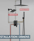 Diagram of Shower Faucet Set Ceiling Mount System With Dope Dual 12 Inch and 6 Inch Shower Heads in Matte Black with dimensions