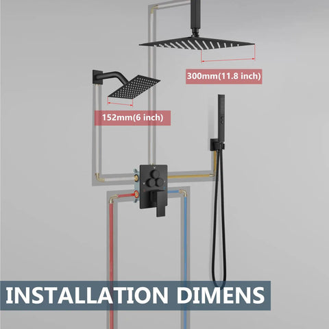 Diagram of Shower Faucet Set Ceiling Mount System With Dope Dual 12 Inch and 6 Inch Shower Heads in Matte Black with dimensions