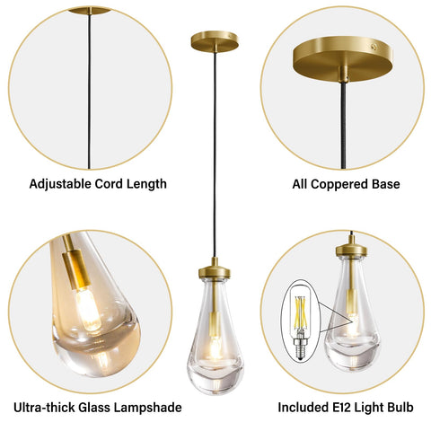 Brass Raindrop Pendant Light Fixture For Kitchen Island And Dining Room, Glass Drop Chandelier, E12 LED Bulb Included details