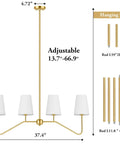 4-Light Gold Linear Chandelier Over Kitchen Island And Dining Table, Modern Pendant Lighting With White Fabric Shades, E12 Base, Bulbs Not Included diagram showing dimensions.