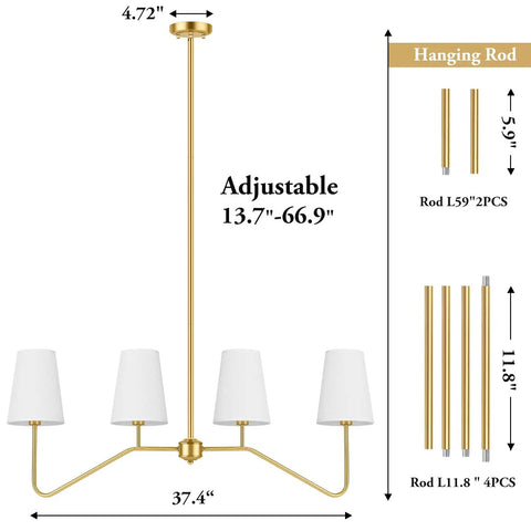 4-Light Gold Linear Chandelier Over Kitchen Island And Dining Table, Modern Pendant Lighting With White Fabric Shades, E12 Base, Bulbs Not Included diagram showing dimensions.