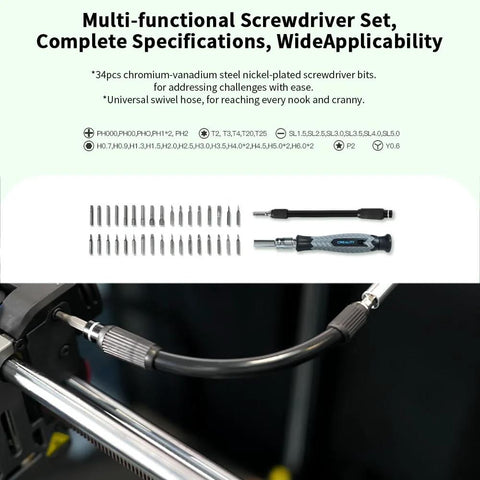 Creality 3D printer tool kit, 74-piece set with metal screwdriver handle and assorted bits, nozzle cleaner, front view