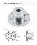 Mecanum wheel flange coupling, aluminum with central bore and set screw; six mounting holes; silver.