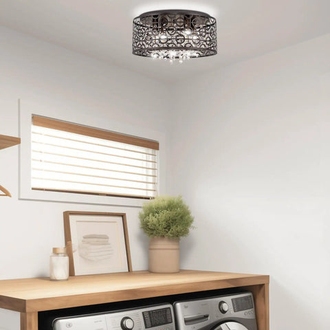 Brielle 15 Inch Modern Crystal Drum Flush Mount Ceiling Light With Cascading Crystals, 4 Light in laundry room setting
