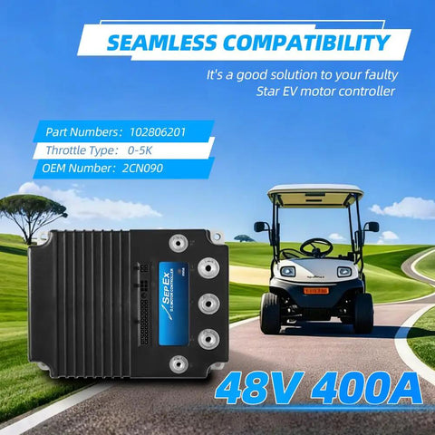 Top Shelf 48Volt 400 Amp Golf Cart Speed Controller Plug And Play Motor Driver Replacement Direct Fit 2016 Plus Star Ev Electric Golf Carts, view of 48V controller on road.