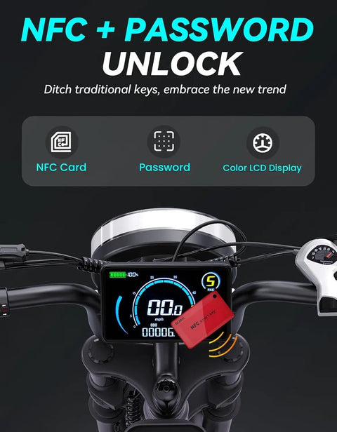 1500W Fat Tire Electric Bike For Adults with NFC unlock feature and color LCD display; handlebars and digital screen visible
