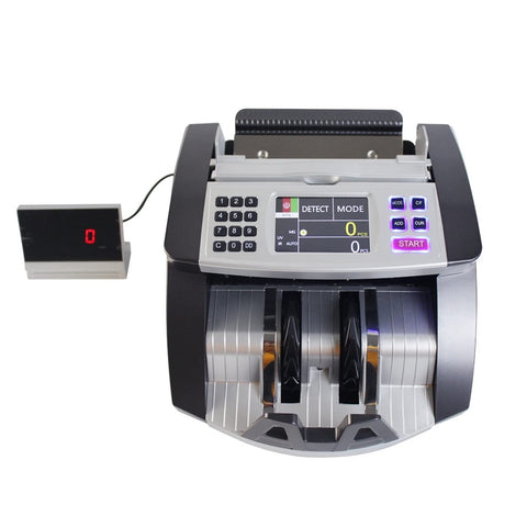 Top Shelf Money Counter Machine For Iraqi Dinar Bills With Tft Lcd Panel and Smart Mg Uv Ir Detection Auto Manual Switches Easy Peasy Operation showing control panel and cash input.