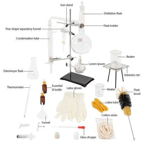 All In One 1000ml Distillation Kit With Glass Apparatus For Essential Oil Extraction And Water Distillation High Borosilicate Glassware With Iron Stand Pro Grade Lab Gear For Home Or School