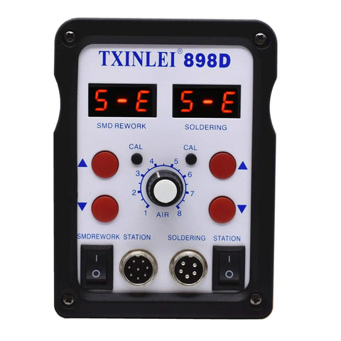 Front view of 2 In 1 SMD Hot Air Rework Station With Soldering Iron Digital LED Temperature Display control panel with knobs.