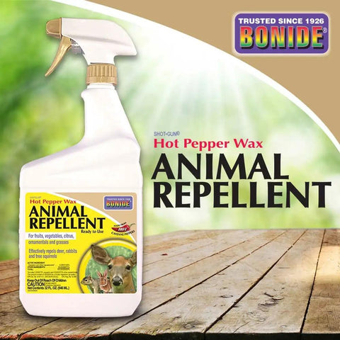 Hot Pepper Wax Animal Repellent Spray 32 Oz Ready To Use packaging with deer image on green background