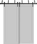 Interior Barn Door Kit Bypass Sliding Doors No Glass MDF 84x96 Black With Full Hardware, matte grey 2-door view with rails and hangers