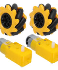 Respicefinem Mecanum wheel set with TT geared motors; two yellow 48mm wheels and two yellow motor housings for DIY robot