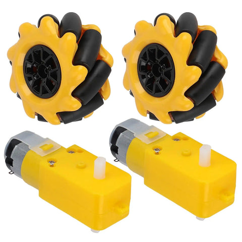 Rugged Mecanum Wheel Set For TT Geared Motors 48mm Yellow And Black Rubber Coated Wheels For DIY Smart Car And Small Robot Projects Perfect For Hands On Robotic Builds visible with yellow and black wheels and TT motors