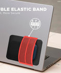 Two Pocket Adhesive Hard Drive Holder on laptop with double elastic band for secure SSD and HDD storage.