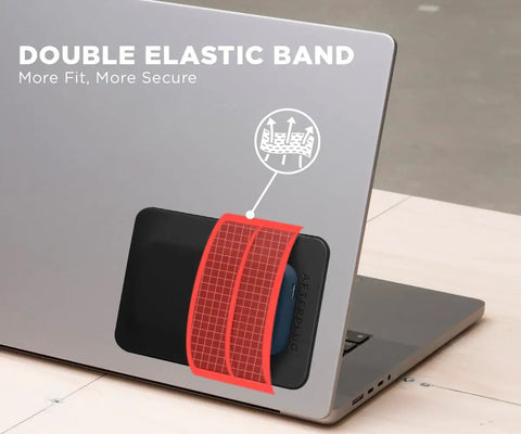 Two Pocket Adhesive Hard Drive Holder on laptop with double elastic band for secure SSD and HDD storage.