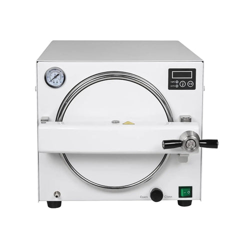 Front view of Stainless Steel 18L Autoclave High Pressure Temperature 1100W LED Steam Sterilizer with control panel and valve.