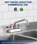 Lead-Free 4 Inch Deck Mount Commercial Kitchen Sink Faucet 8" Swivel Spout showing 360° swivel spout, chrome finish, two handles.