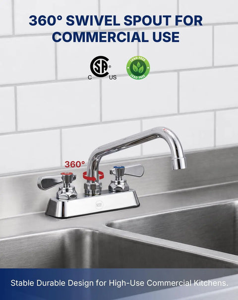 Lead-Free 4 Inch Deck Mount Commercial Kitchen Sink Faucet 8" Swivel Spout showing 360° swivel spout, chrome finish, two handles.