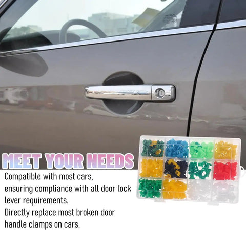 Must Have 80 Piece Car Door Lock Rod Clip Kit Assortment For Left And Right Door Handles Rod End Retainers Latch Clips Tailgate Push Clamps Replacement Parts Universal For Most Vehicles shown next to car door handle.