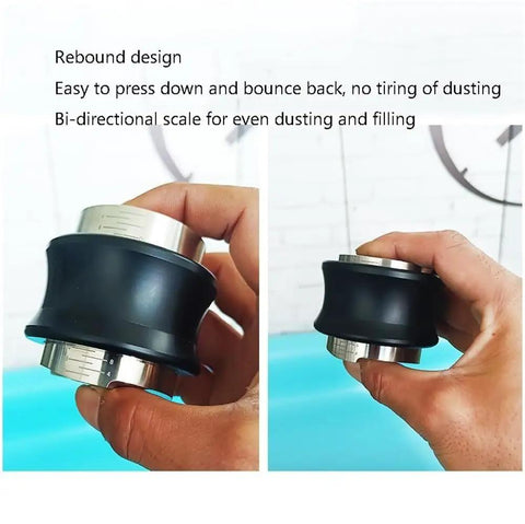 Top Shelf Dual Head Coffee Distributor And Tamper Kit Featuring Quick Rebound Design Crafted From Solid 304 Stainless Steel, showing bi-directional scale.
