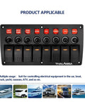 Beefy 8 Gang Marine Rocker Switch Panel Waterproof With Circuit Breaker 12V On Off Toggle Panel Red LED Indicator For Boats RVs Cars Trucks Yachts And More mounted front view showing switches and labels.